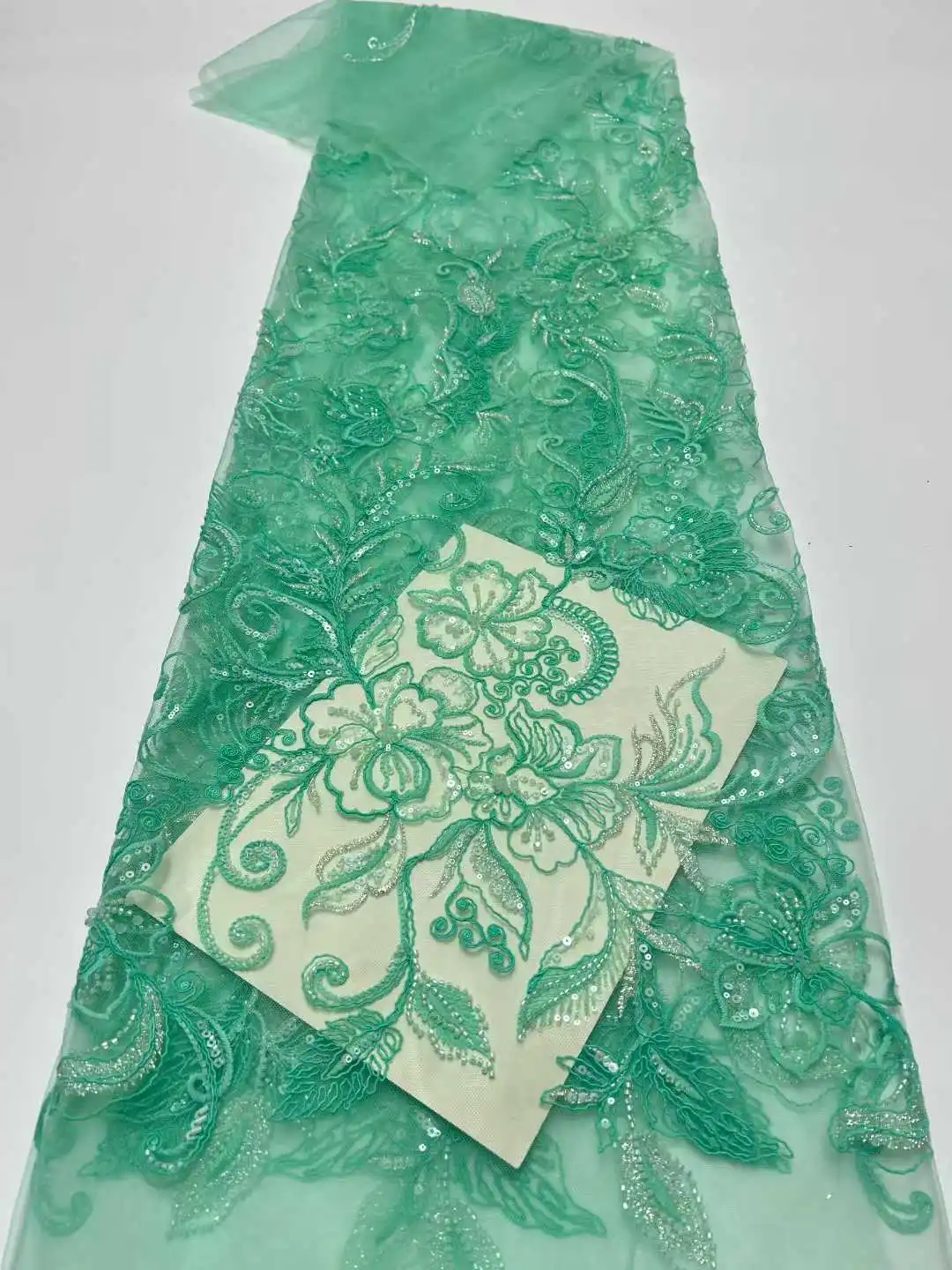 

French Beaded Lace Bride Fabric 5 Yards High Quality African Sequin Lace Fabric Nigeria Mesh Wedding Dress for Women Sewing