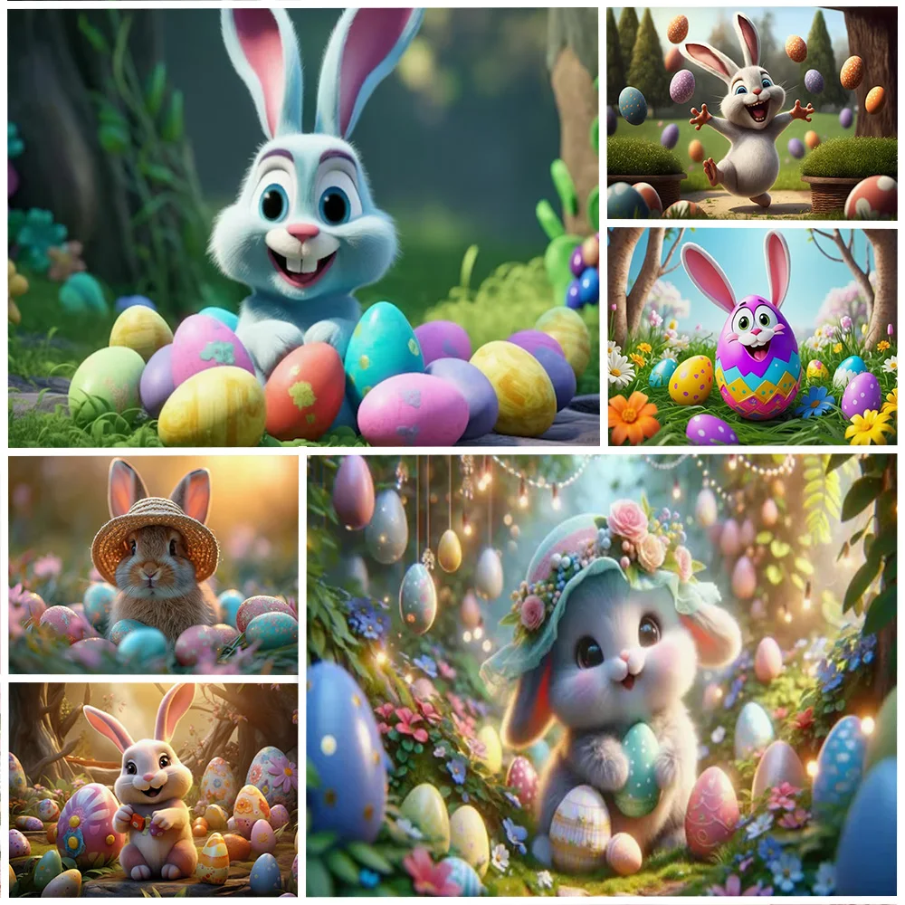 

Happy Easter Party Decoration Supplies Cute Cartoon Bunny Photography Background Props Spring Green Grass Flowers Eggs Backdrop