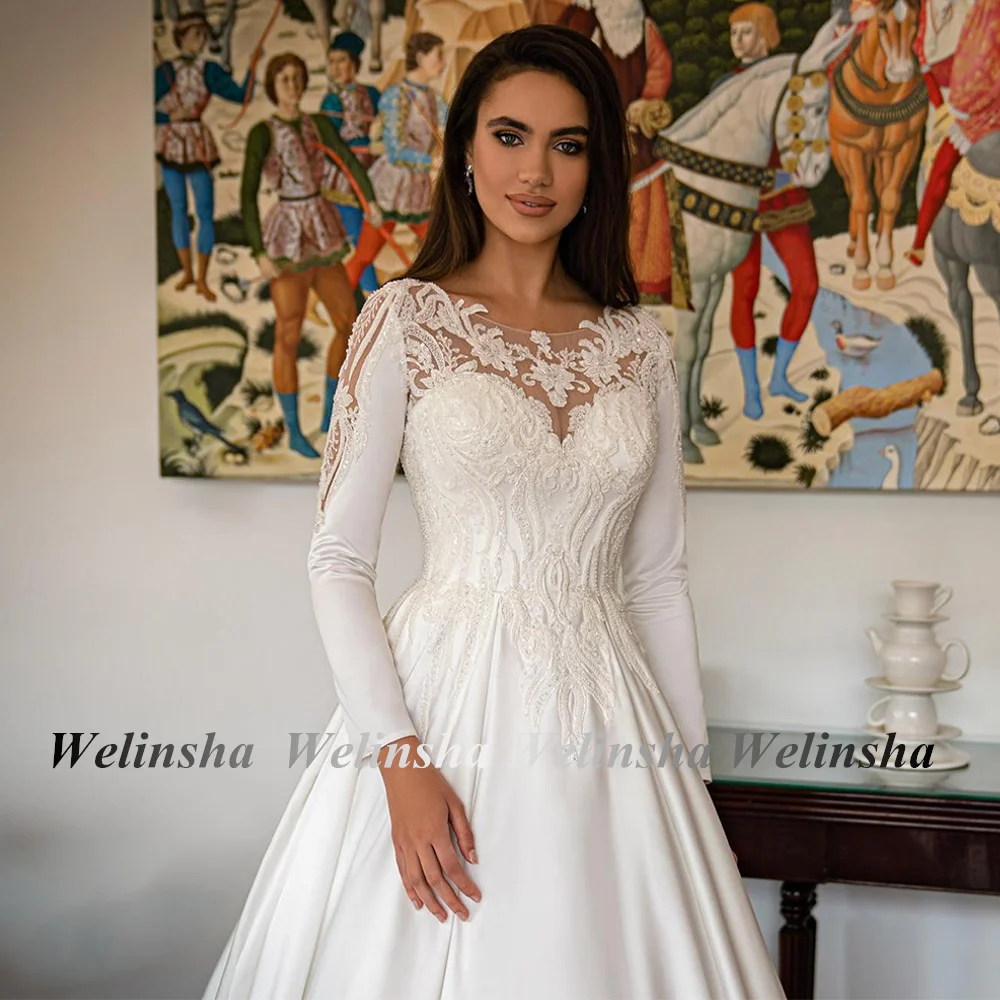 Weilinsha Gorgeous Wedding Dress High Quality Scoop Neck Beading Pearls Applique A Line Satin Bride Dresses Vestido De Noiva