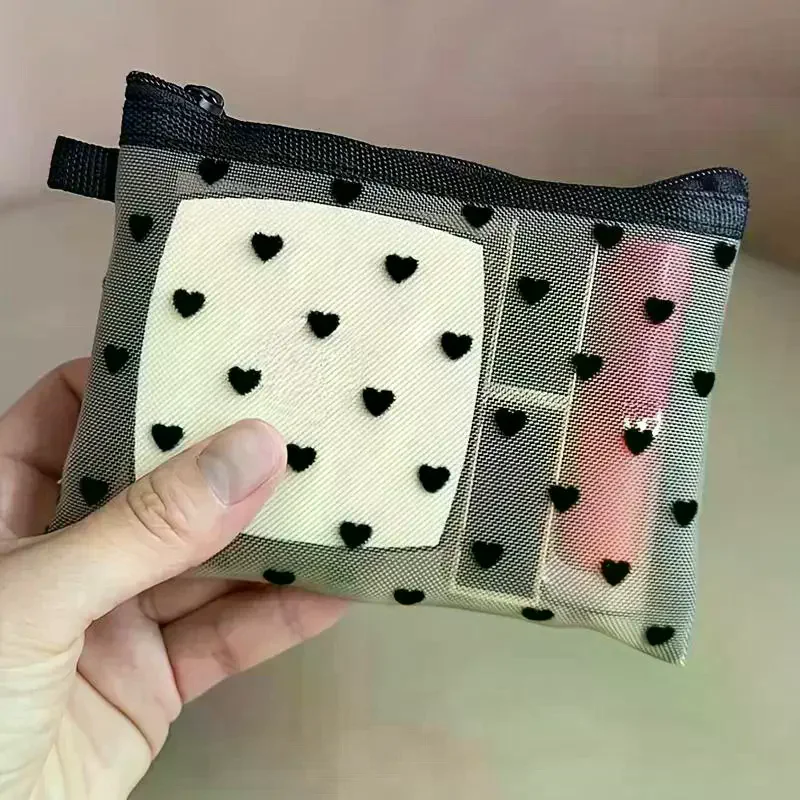 /HTF/Transparent Mesh Makeup Bag With Cute Black Heart Pattern Smooth Zipper For Travel Cosmetic Storage