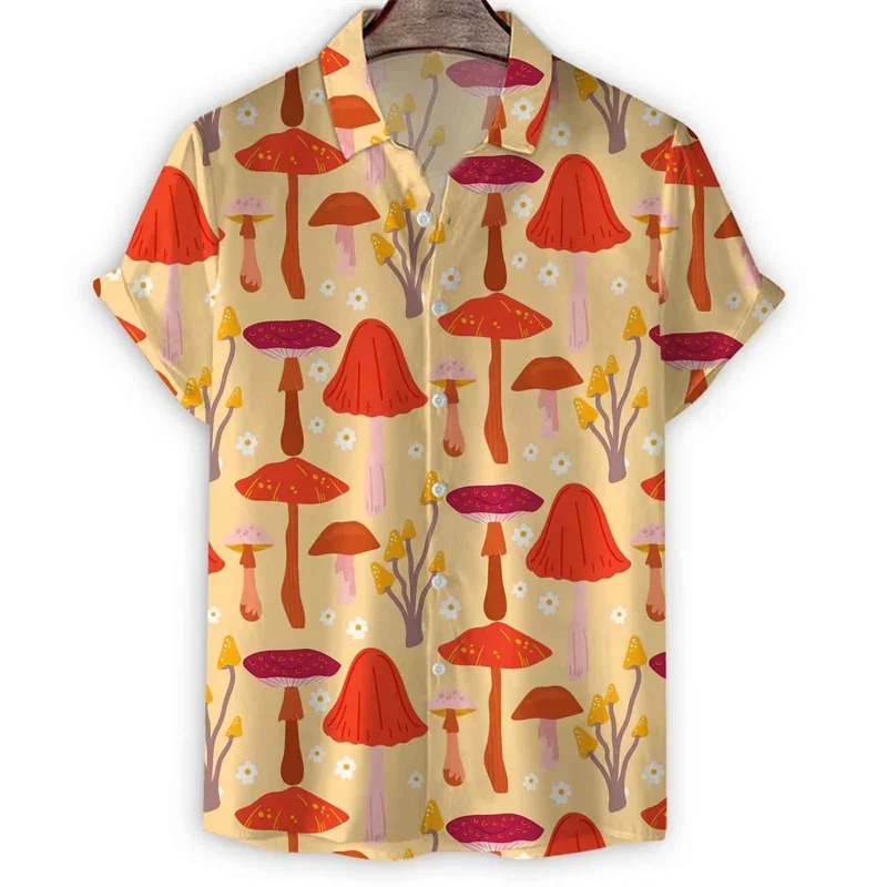 Cartoon Painting 3d Print Mushroom Shirt Men Summer Hawaiian Shirts Beach Oversized Short Sleeves Tops Lapel Aloha Blouse