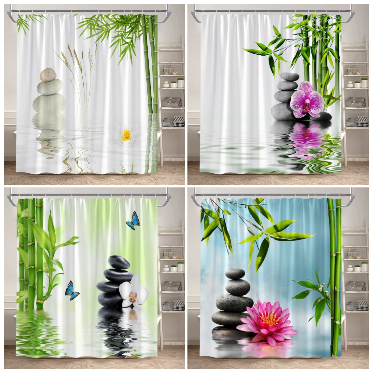 

Zen Shower Curtains Green Bamboo Purple Orchid Lotus Butterfly Spa Scenery Home Wall Hanging Fabric Bathroom Curtain Decorative