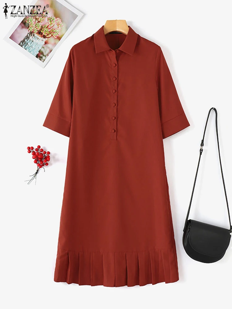 ZANZEA Vintage Pleated Dresses Women Autumn Sundress Elegant Solid OL Work Midi Robes Fashion Lapel Neck 3/4 Sleeve Shirt Dress