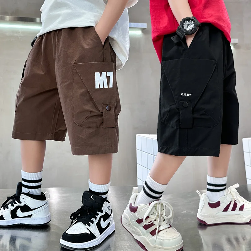 Summer Child Cotton Cargo Shorts With Side Pocket for Boy Casual Knee Length Capris Kids Black Brown Color Short Pants Boyshorts