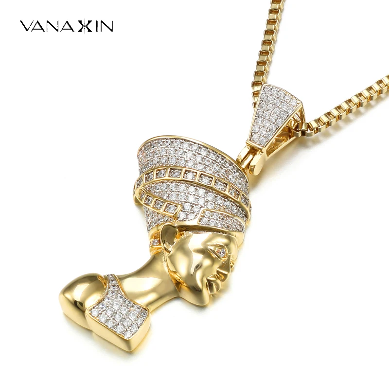 VANAXIN-cadena Iced Out para mujer, colgante de cabeza de Faraón Egipcio, collar de Hip Hop, regalos de joyería