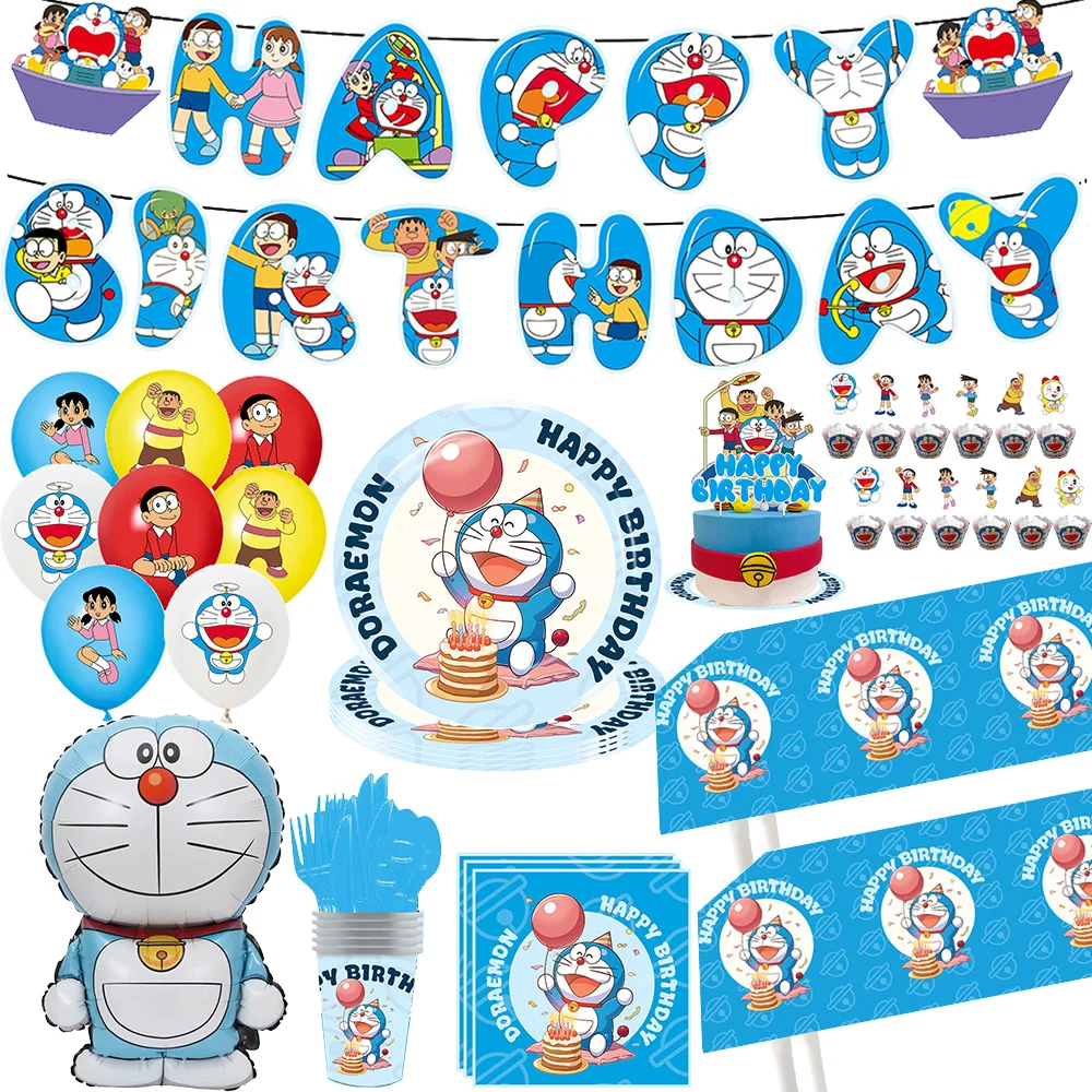 Decoración de cumpleaños de Doraemon de dibujos animados, plato de globo de Doraemon, mantel, pancarta, decoración de pasteles, suministros para fiesta de Baby Shower para niños