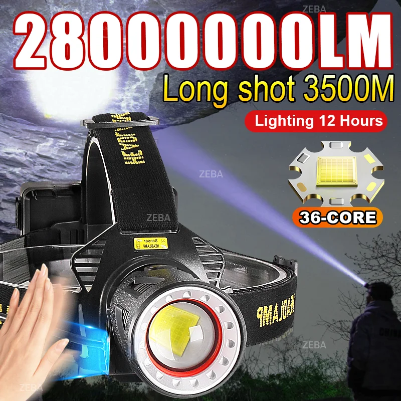 28000000LM High Power Head Flashlight Zoomable USB Rechargeable Headlamp 3500M New Upgrade Strong Light Head Light IPX6 Fishing