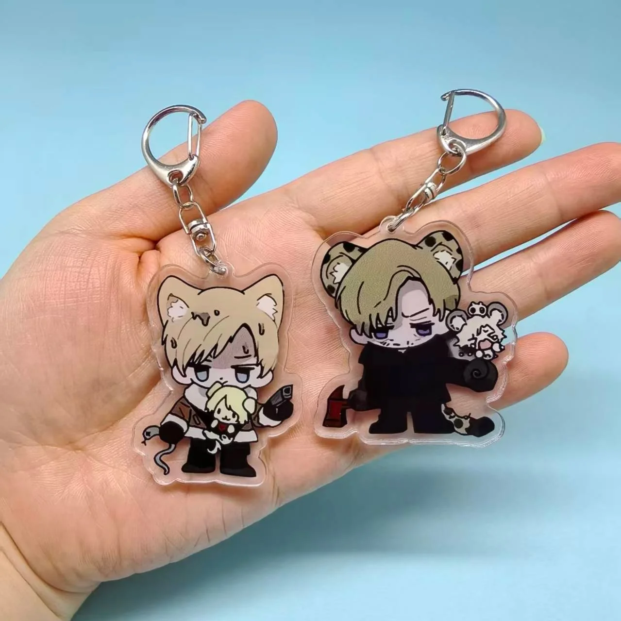 Anime Acrylic Keychain Leon Cute Animal Ear Cartoon Keyring Backpack Pendant Decor Collectible Gift for Horror Game Lovers 2pcs