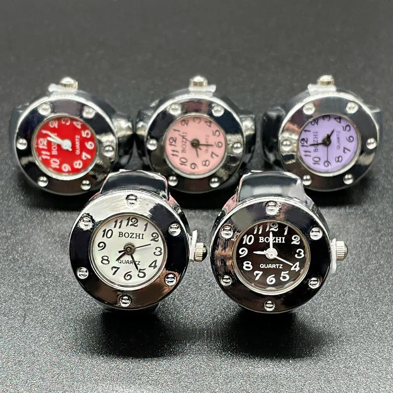 

Retro Silver Color Watch Ring for Men Women Rivet Round Colored Dial Elastic Watch Strap Battery Stainless Steel Mini Clock Gift
