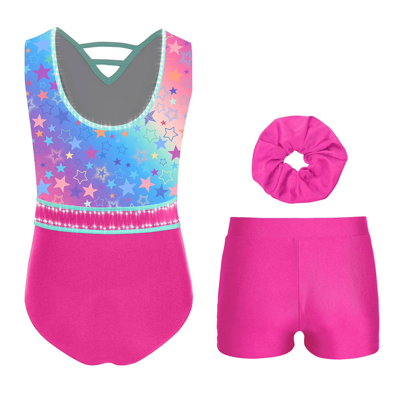 Kids Girls Ballet Dance Sets Gymnastics Outfit U-Back Sleeveless Rhinestone Stylish Printed Leotard with Shorts and Hairband
