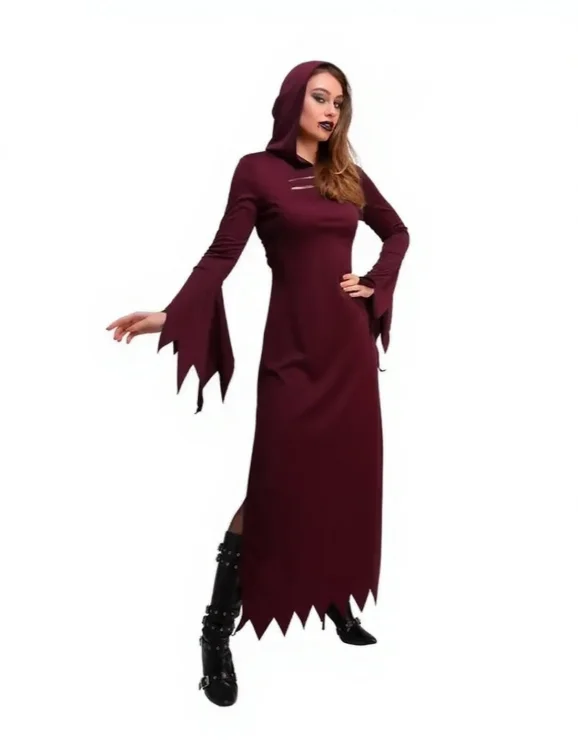 

Halloween Party Dress For Women Fashion Solid Color Hollow Hooded Bat Sleeve Split Long Dresses Demon Witch Role Playing Costume