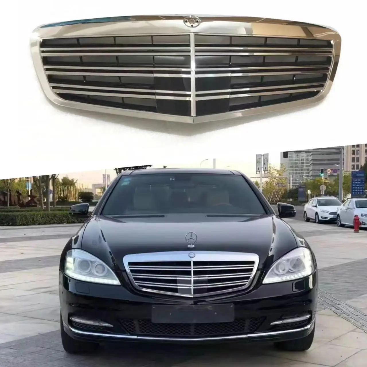 Front Grille Assembly Compatible with Mercedes Benz S-Class W221 2009-2012, AMG Style Chrome Black Replacement Grill