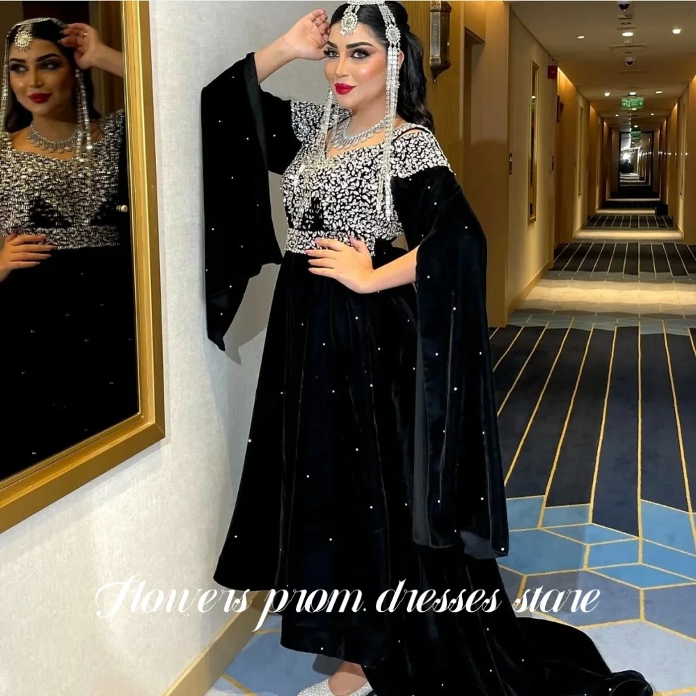 

Flowers Black Prom Crystals Party Dress Off Shoulder A Line Short Sleeves Special Occasion Dress فساتين مناسبة رسمية Customized