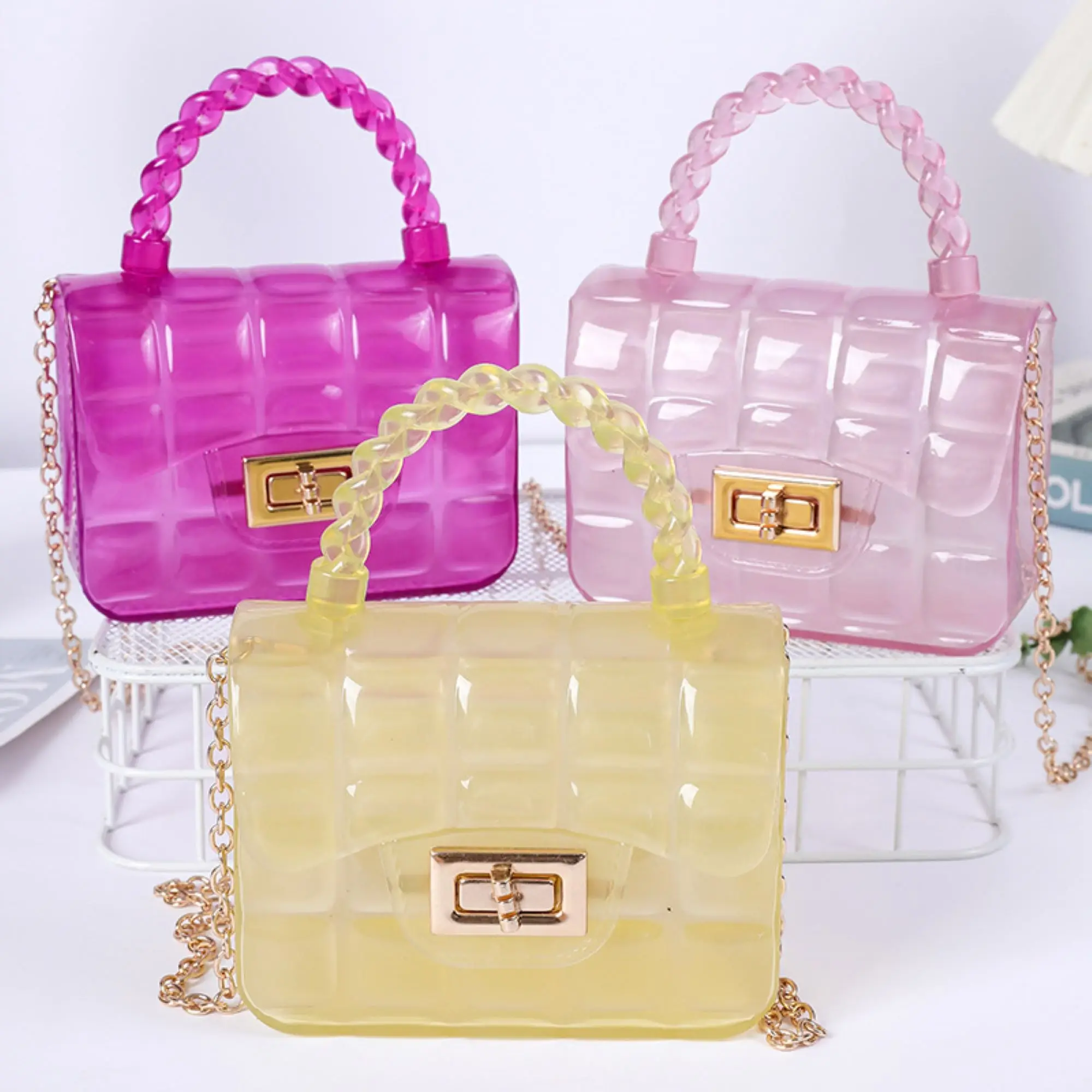 PVC Transparent Grid Jelly Bag, Simple Small Bag, Crossbody Bag, New, 2024