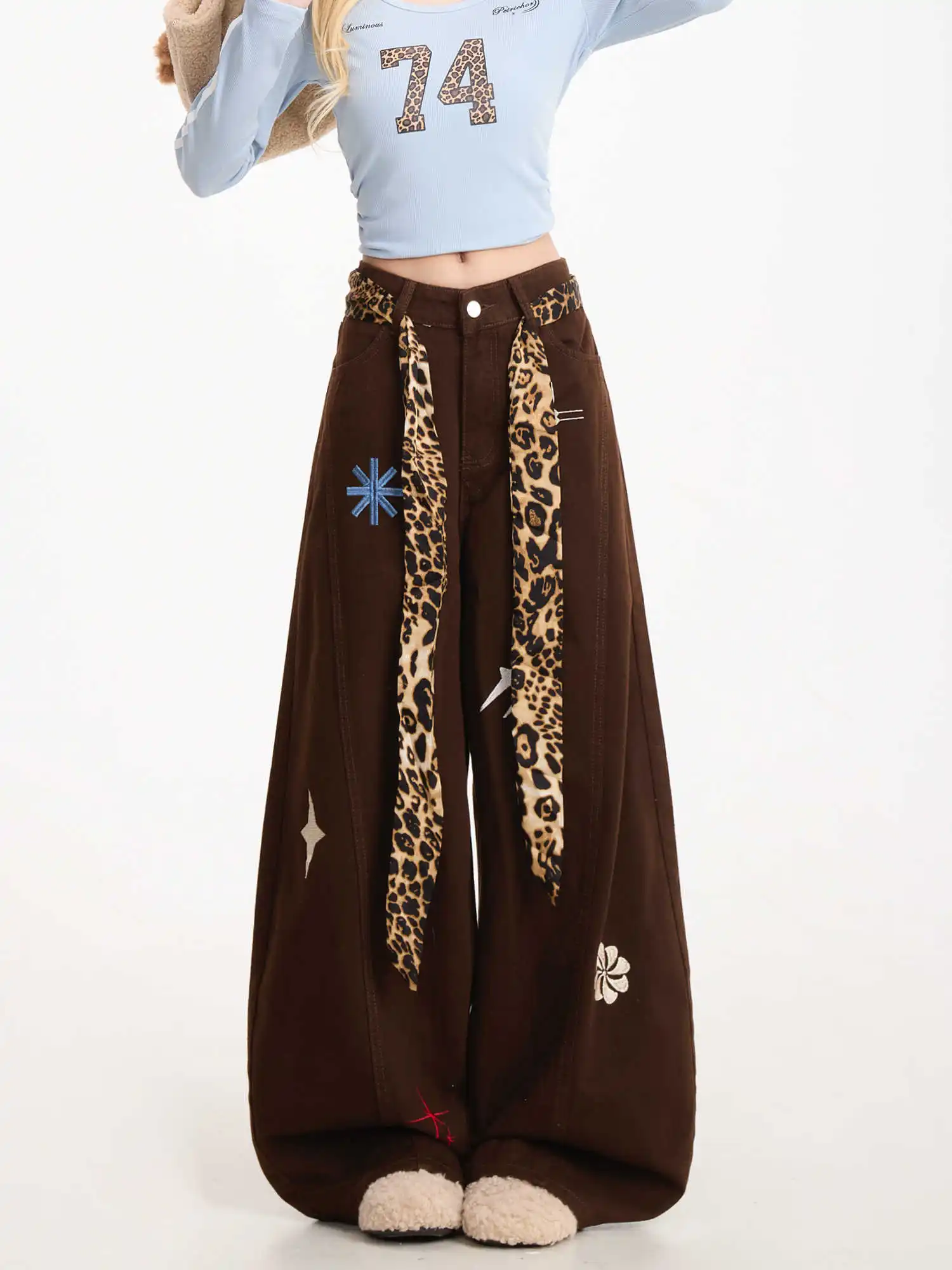 

Американские джинсы с леопардовым принтом, большие джинсы с вышивкой, женские свободные широкие брюки, драпированные брюки-кюлоты