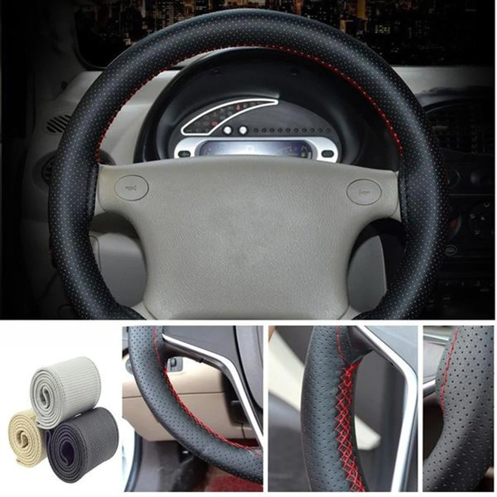 

Black Drive Truck PU with Needles and Thread Fit 38cm Car Steering Wheel Cover Protector (Black Cover with Red Thread)