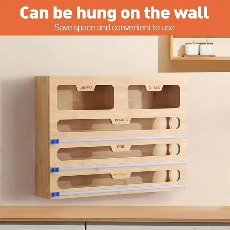 bamboo-kitchen-cling-film-sealer-organizer-with-wall-mount-removable-towel-rack-bamboo-cling-film-cutter-retail