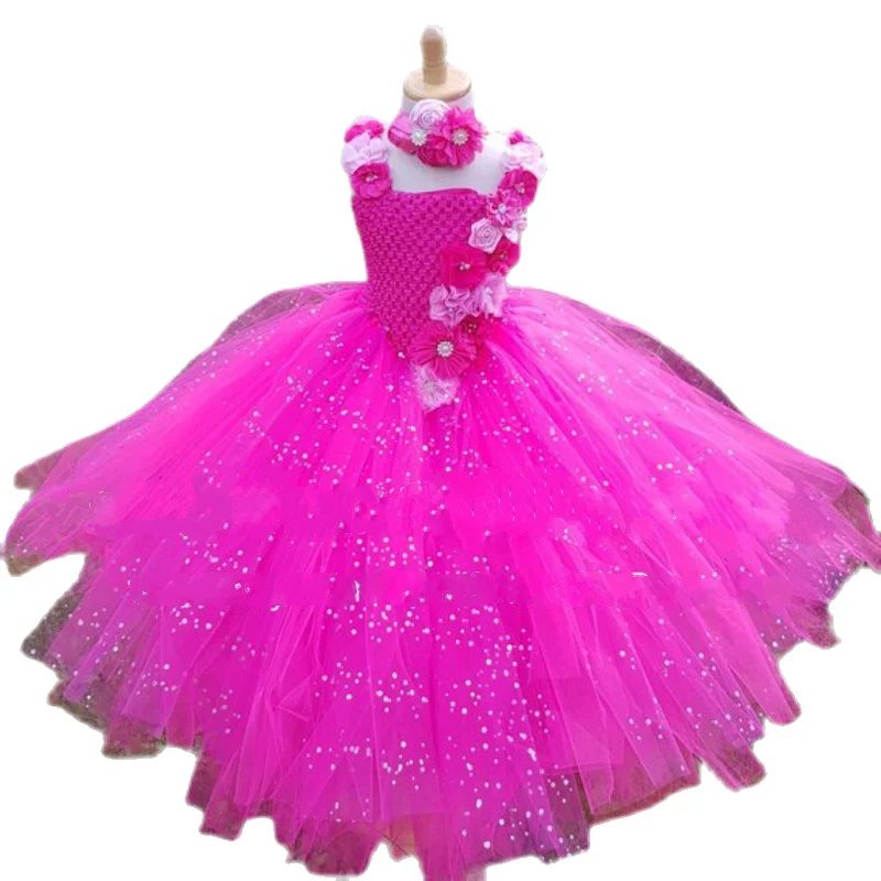 POSH DREAM gorący różowy kwiat dziewczyna Tutu sukienka suknia ślubna Glittery w kształcie litery V Tutu sukienka Junior druhna sukienka dla dzieci — zdjęcie 2