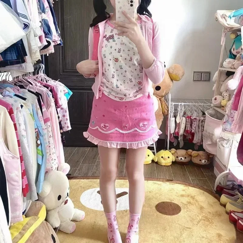 Japanese Pink Sweet Bow Cartoon Rabbit Embroidery Pleated Skirts Kawaii Lolita Mini Skirt Women  Y2k Aesthetic Gothic Faldas