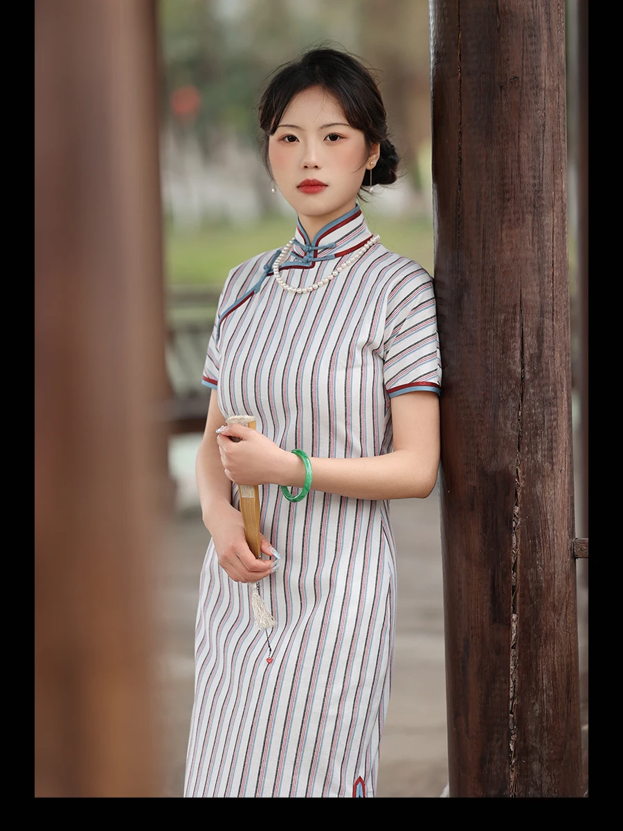 

Топ Ulara Vintage Simptic Slimming Stripe в традиционном китайском стиле с длинным рукавом и квадратным воротником для повседневной носки