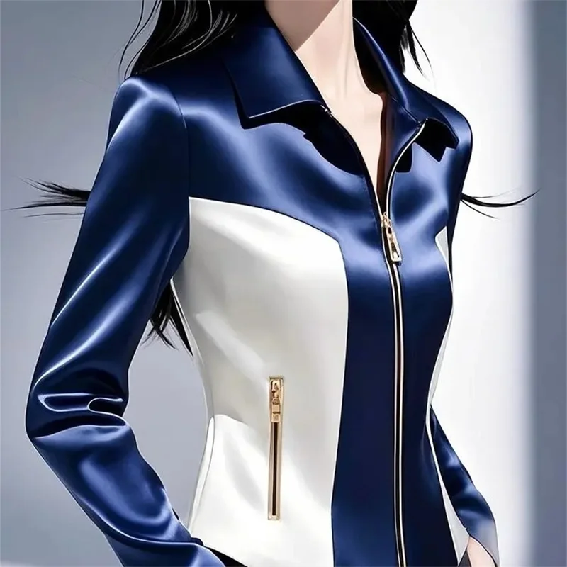 

Contrast Satin Jacket Women's 2025 Early Spring Summer New Shirt Female High Quality Western-Style Waist Coat Zipper Tops Ladies