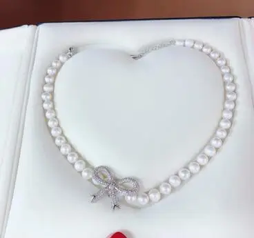 

Hot sell new style 8-9mm 40cm white freshwater pearl necklace zircon bowknot accessories neck chain fashion jewelry