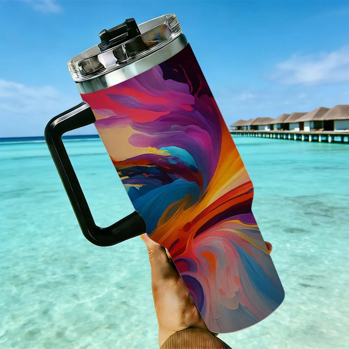 Colorful Abstract Fluid Paint Swirl Print 40oz Insulated Tumbler Stainless Steel Travel Cup With Color Handle Straw Lid