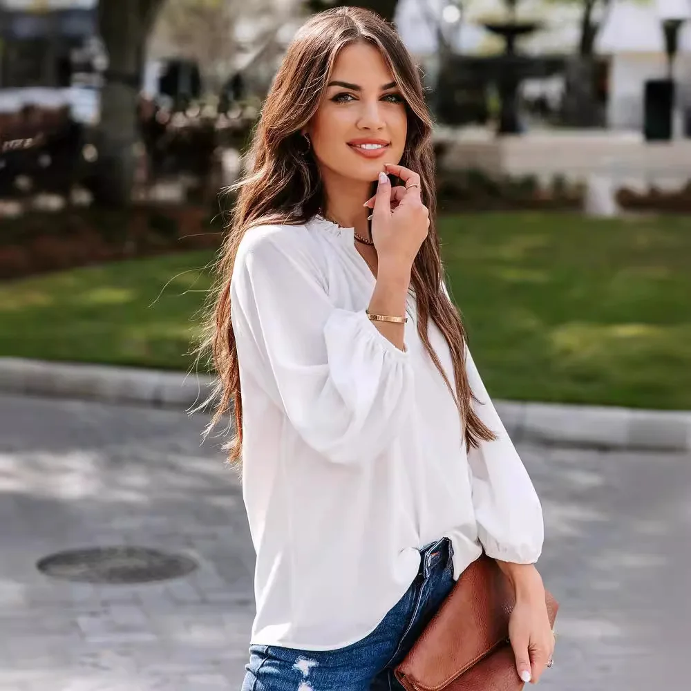 ฤดูใบไม้ร่วงฤดูหนาวใหม่มาถึงผู้หญิง Cool เสื้อแขนยาวสีทึบสบายๆ V คอหลวม TOP