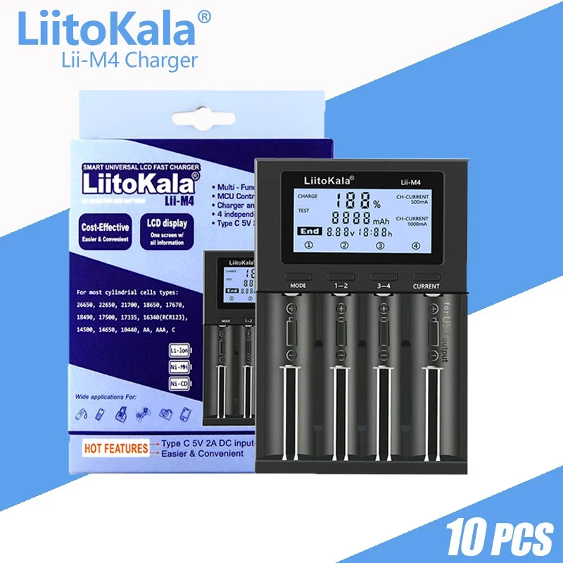 

10pcs/lot LiitoKala Lii-M4 Lii-M4S 18650 Smart Charger LCD Display For 26650 21700 32650 20700 21700 16340 AA AAA Battery