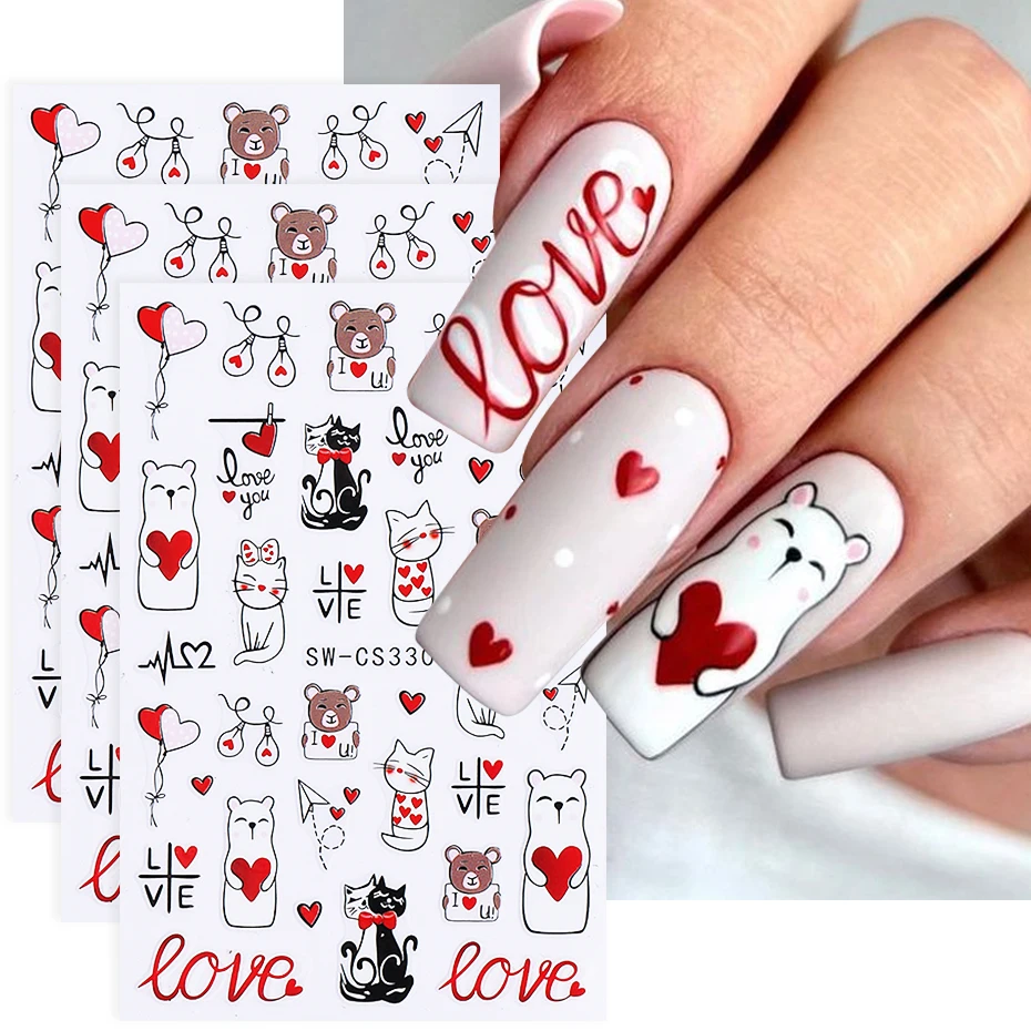3 pezzi adesivi per unghie di San Valentino autoadesivi simpatico gatto amore cuore palloncino orso decalcomanie per unghie per auto accessori per decorazioni per manicure fai da te