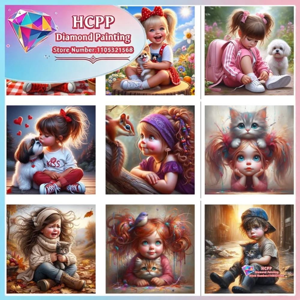 Soft Cut Little Girl with Cat and Dog Diamond Painting Kit Square Round Diamond 5D DIY Mosaic Handmade Art Gift Home Decor