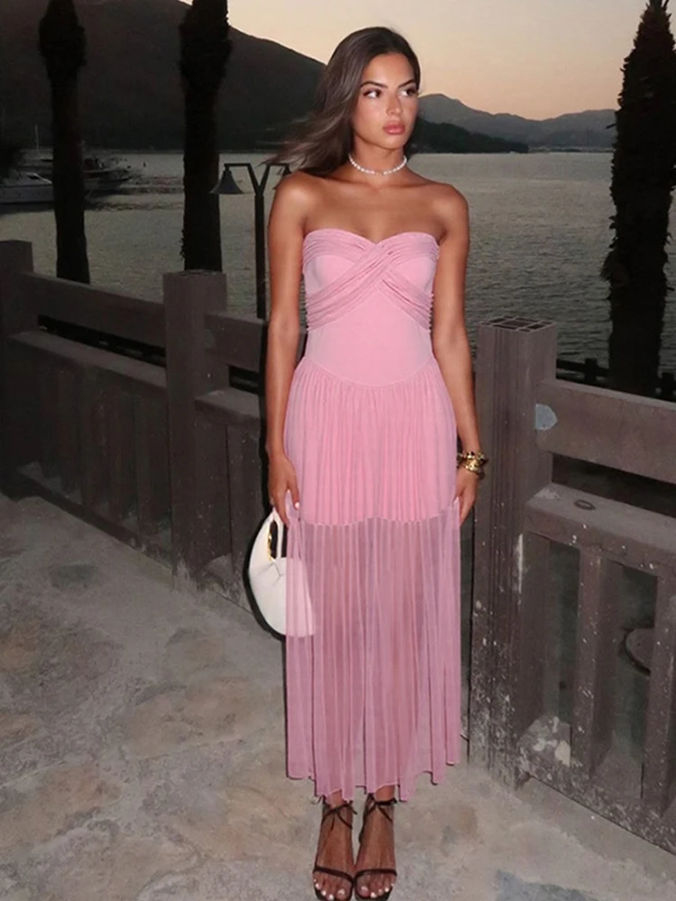 ByeMyLove สีชมพู Off-Shoulder Tulle Maxi ชุด Strapless Elegant SHEER ตาข่ายชุดยาวสําหรับงานปาร์ตี้ชุดราตรียาวผอม