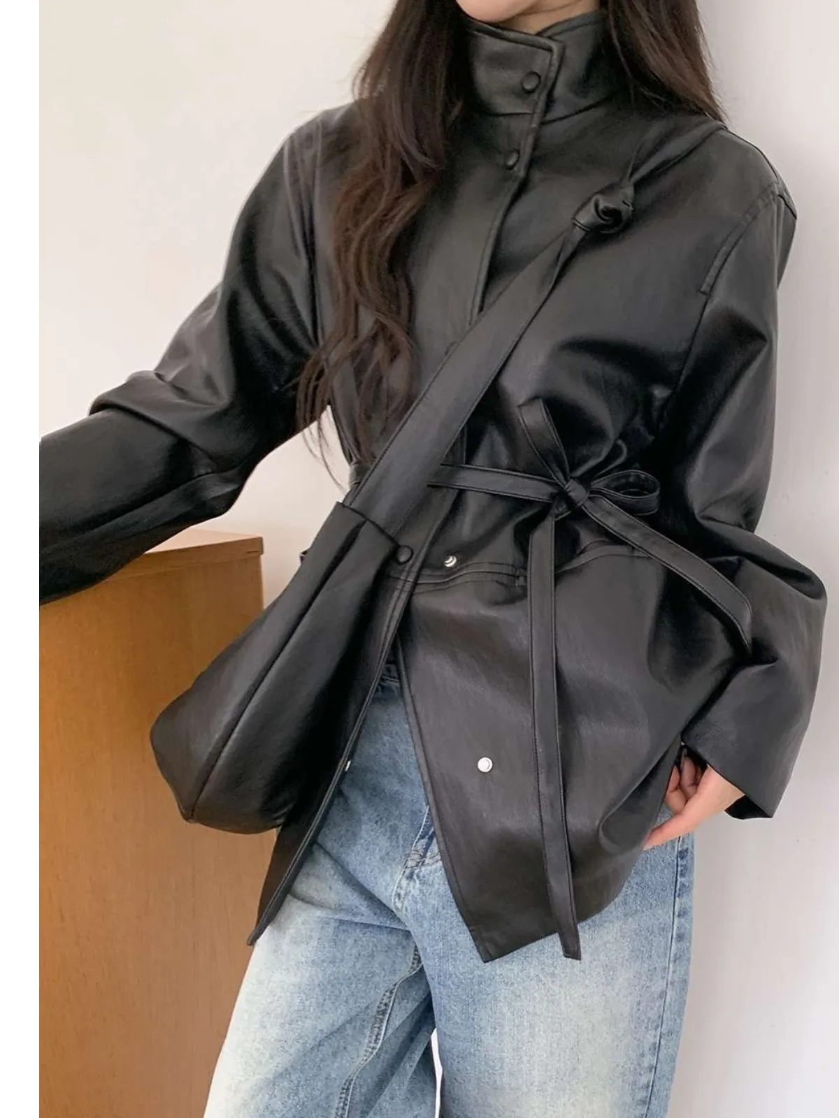 Korean Sle Retro Biker Jaet Belted Waist PU Leather Coat Women's Faion Autumn Winter New Arrival Versatile Outerwear