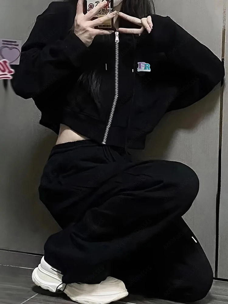 Conjunto de sudadera de manga larga con cremallera para mujer, conjunto de dos piezas holgado y versátil de estilo coreano para estudiantes, ajustado, a la moda, primavera y otoño