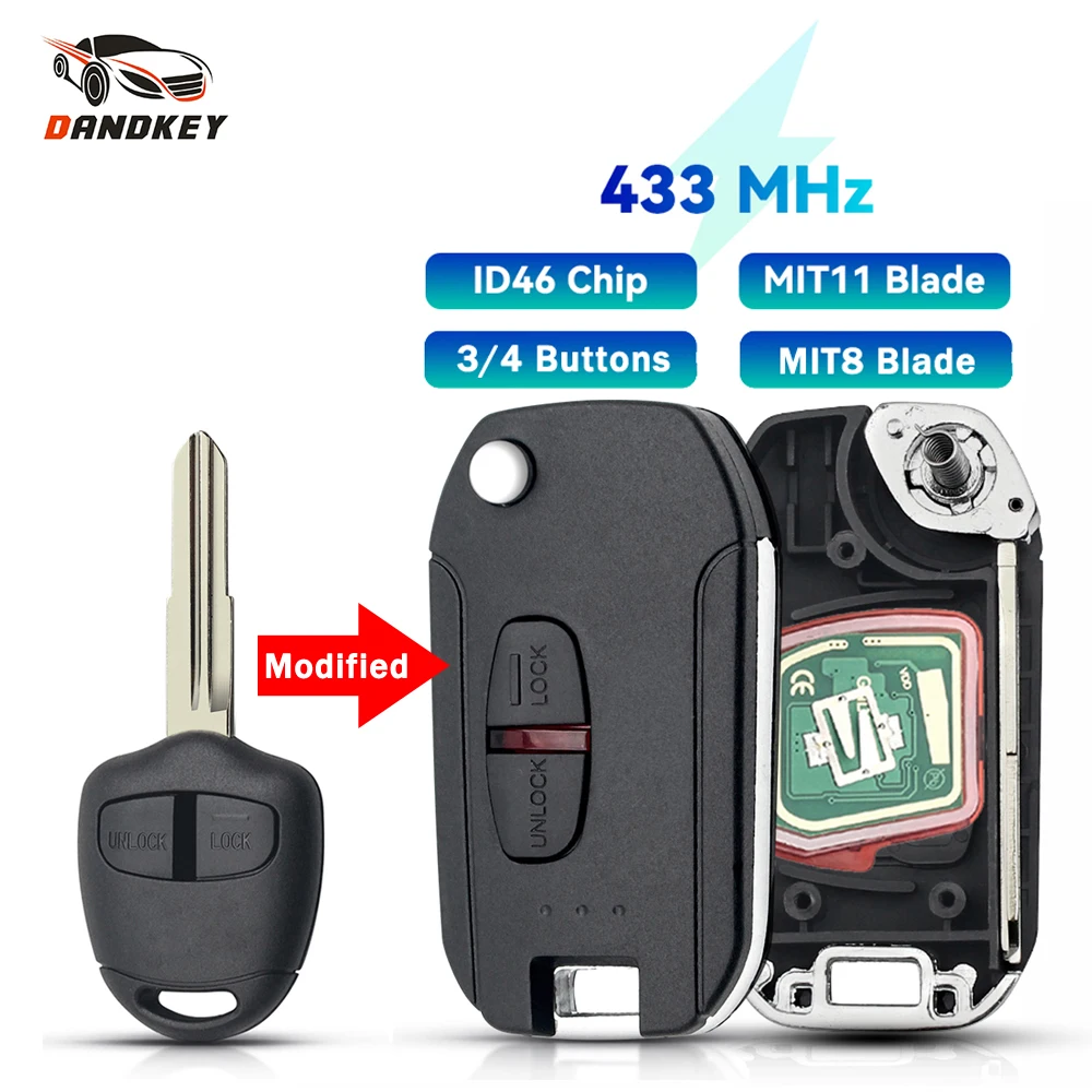 

Dandkey Modified Flip 433MHz ID46 Remote Key For Mitsubishi New ASX GRANDIS Outlander LANCER-EX Fob 2/3 Buttons Right/left Blade