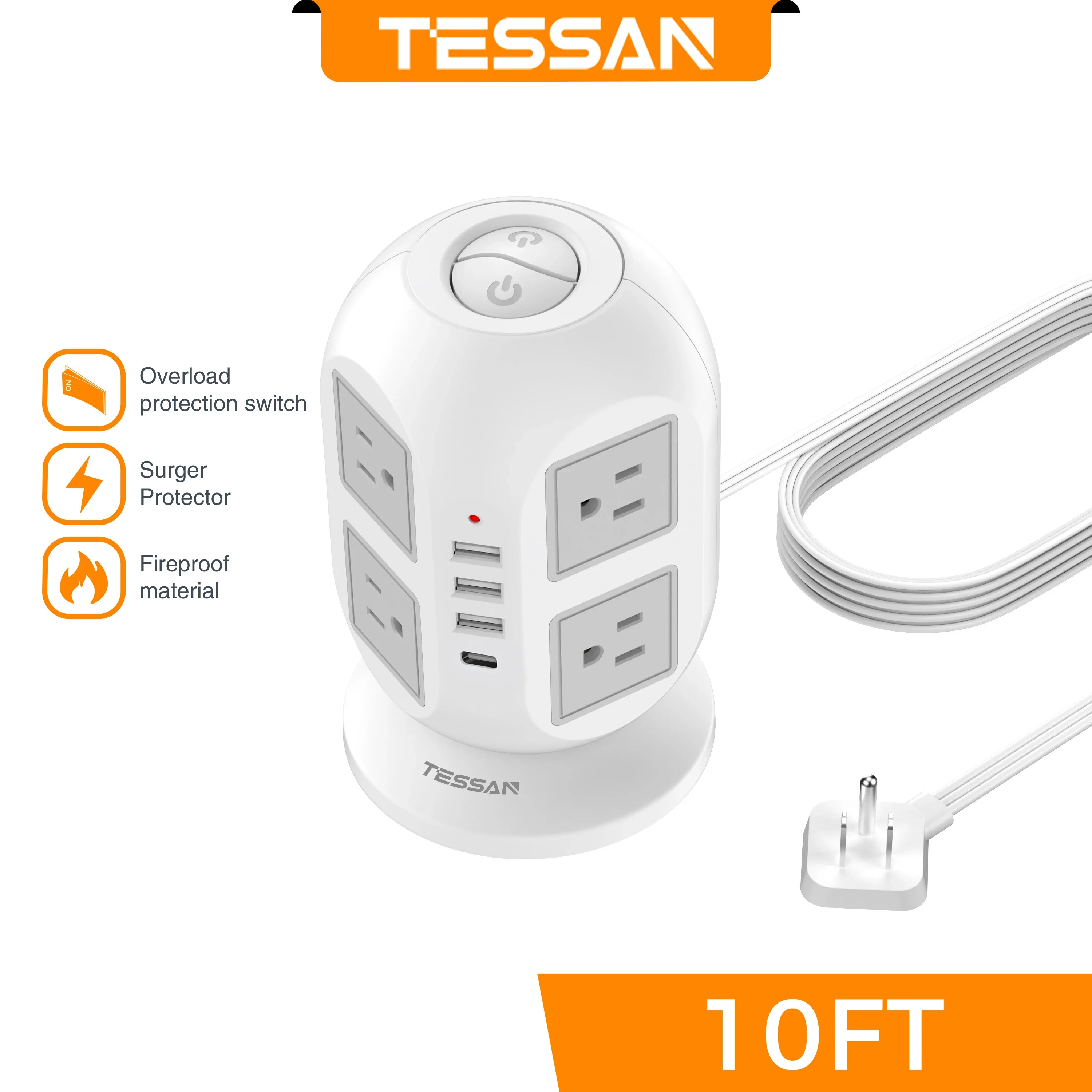 

Tower Surge Protector Power Strip TESSAN Long Flat Extension Cord with Multiple Outlets 8 AC Outlets with 4 USB Ports 10 ft