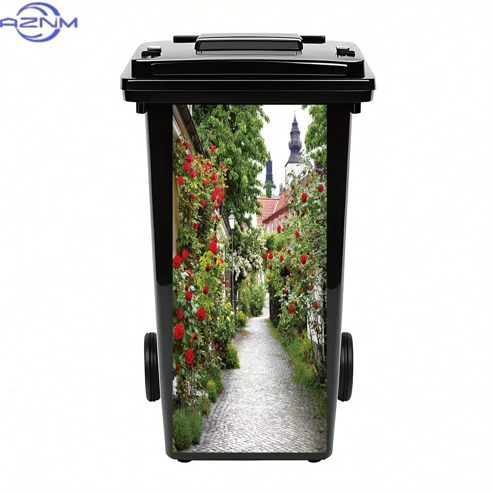 1pc of a European Street Featuring Red Brick Structures, a Trash Can Sticker with a Climbing Roses Motif, Waterproof Self-Adhe