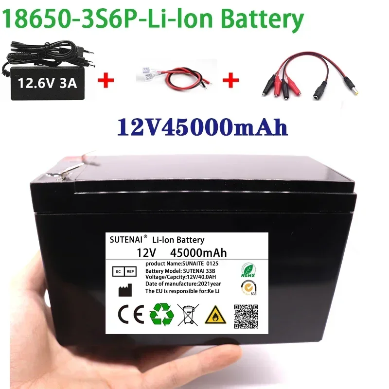 NEW 12V 45Ah 18650 lithium battery pack 3S6P built-in high current 40A Solar street lamp, xenon lamp, backup power supply, LED