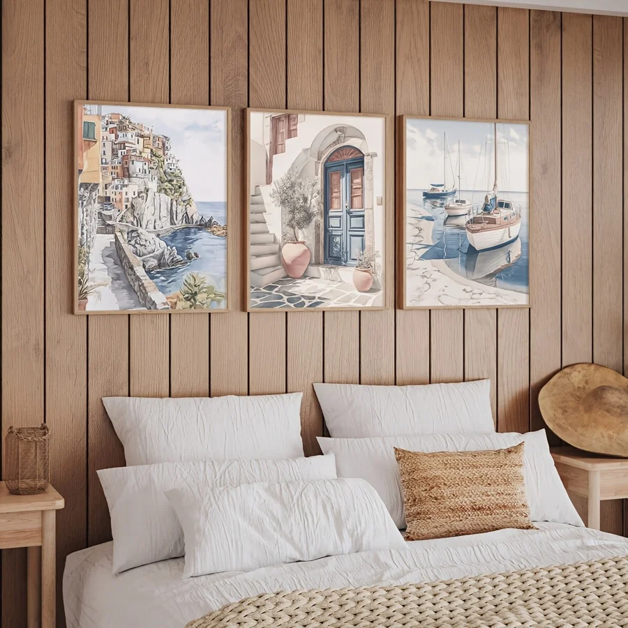 3pcs Mediterranean Coastal Canvas Painting Italian Seaside Village Blue Door Wall Art Summer Beach House Home Decor Poster