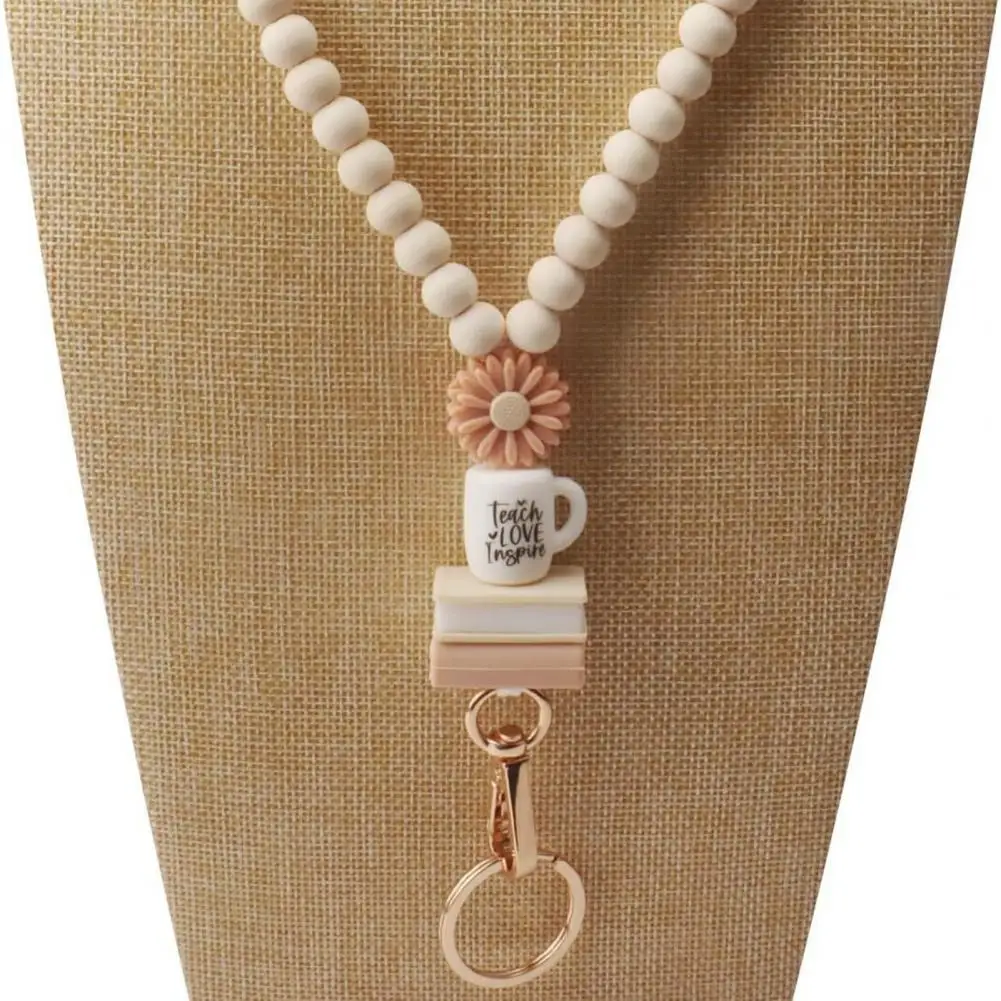 Work Permit Lanyard Wooden Id Badge Lanyard Wooden Beaded Lanyard with Id Holder Boho Style Teacher Keychain Pendant for School
