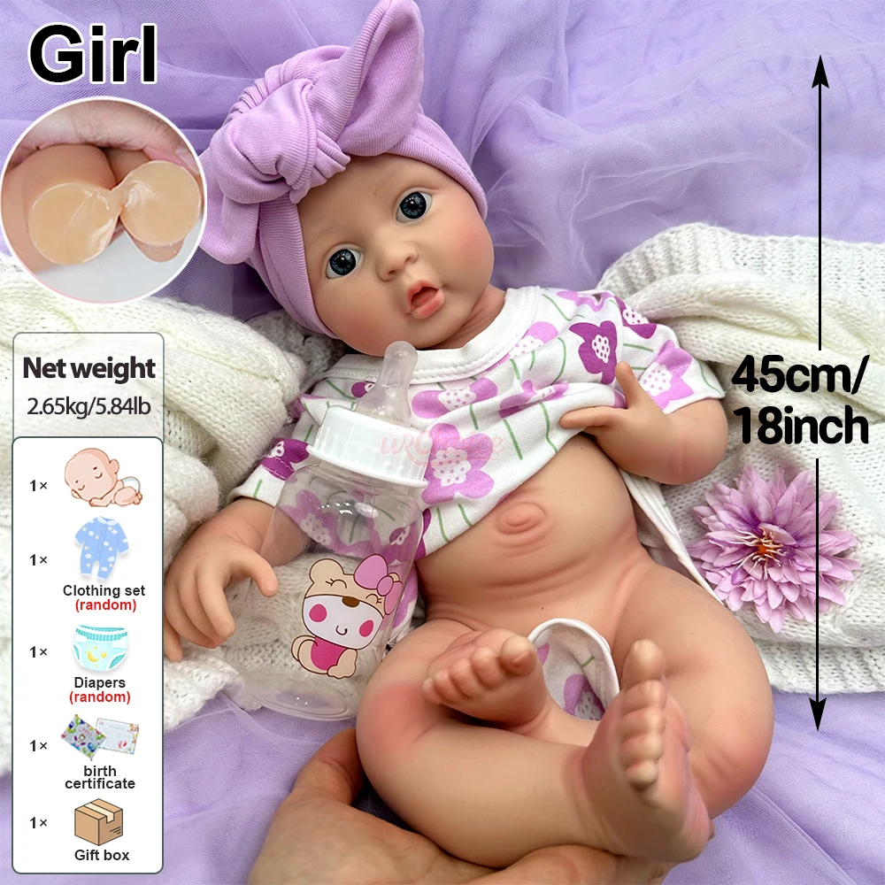 18インチの重みのあるソフトシリコン製リボーンドール、女の子、リアルなディテール、孤独やストレスを和らげるための感情的なサポートドール