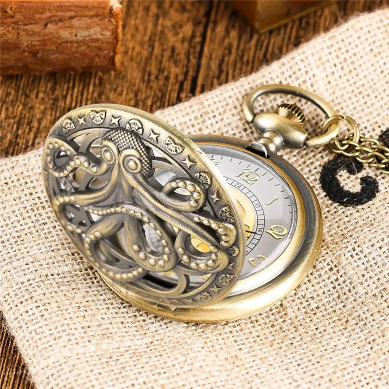 Vintage Bronze Hollow Octopus Cover Arabic Number Quartz Pocket Watch for Men Women Necklace Sweater Chain Antique Timepiece