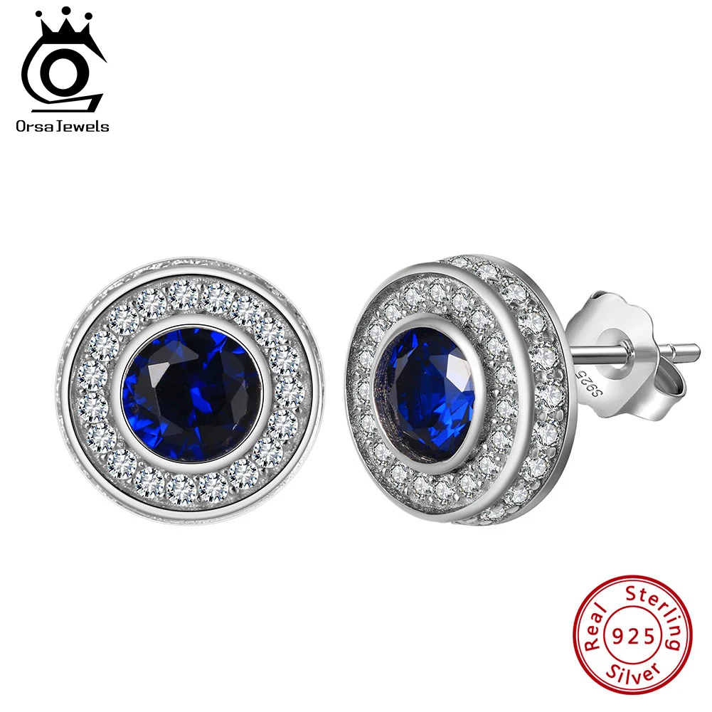 

ORSA JEWELS for Women 100% 925 Silver Jewelry Blue Crystal Sapphire Round Ear Studs Tennis Zircon Earring Fashion Party LZE34