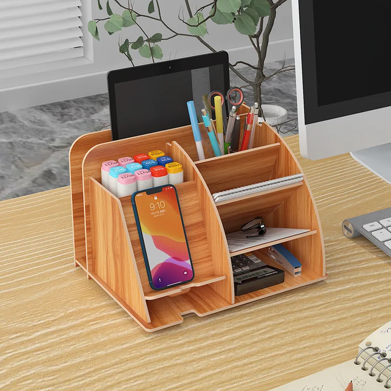 Multi Grid Mark Pen Holder Wooden Storage Box Home Office DIY Desk Sundry Organizer Multi-Compartment Storage Rack With Drawer