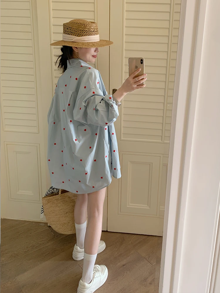 

Синий вышитый кардиган свободного кроя с защитой от солнца, весенне-летний повседневный женский хлопковый кардиган с длинными рукавами и открытым воротником