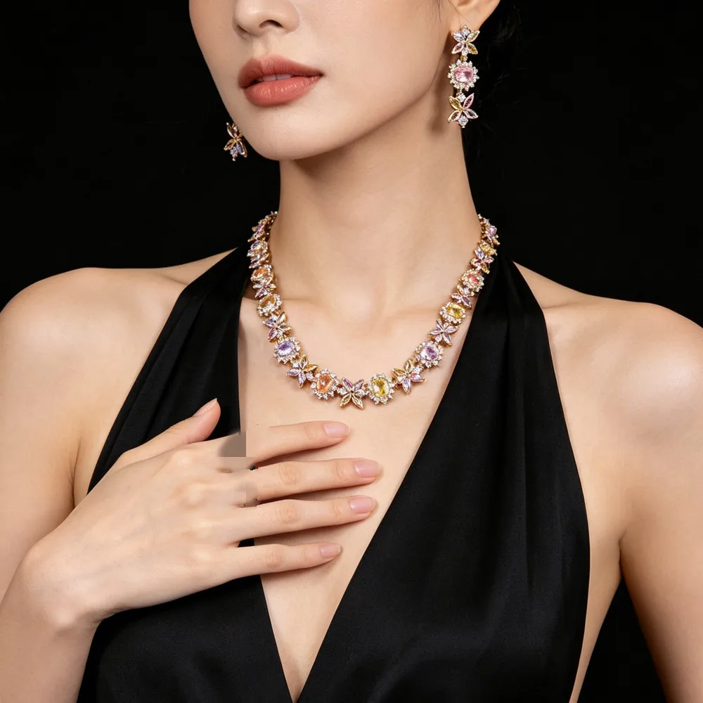 

Butterfly Flower Cubic Zirconia Jewelry Set Multi Color Necklace & Drop Earrings for Women Bridal Wedding Party Accessories Gift