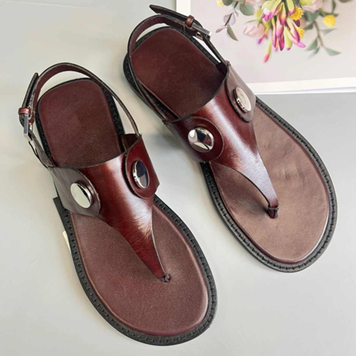 

Dave&Di Summer Sandals Minimalist Genuine Leather Flip Flops Shoes French Retro Lazy Burgundy Comfortable Flat Sandals Women