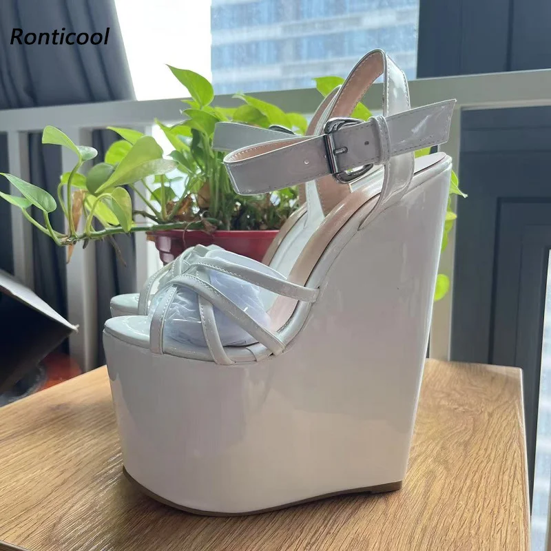 Ronticool Handmade Women Summer Sandals Glossy Wedges High Heels Open Toe Beautiful White Shoes Ladies Party Shoes US Size 5-15