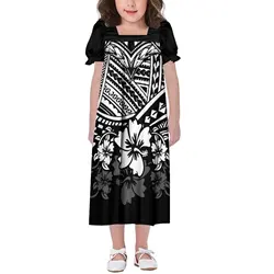2024 New Polynesian Floral Print Custom Children'S Mumu Micronesian Island Dress Summer Short Sleeve Long Skirt Girls Dress