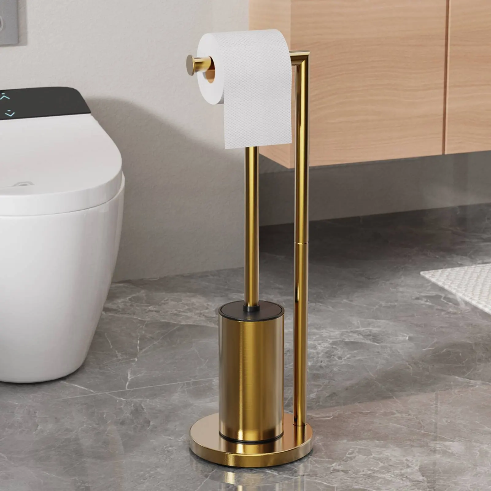 

Toilet Tissue Holder with Brush Long-Lasting Metal Toilet Roll and Brush Combo Bathroom Organizer Shelf Rustproof